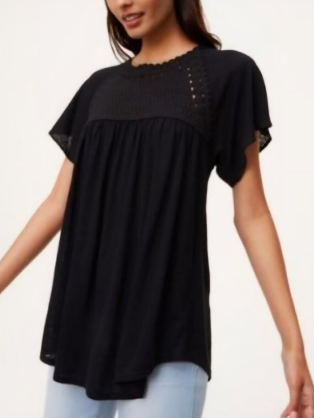 LOFT Black Crochet Yoke Flutter Sleeve Blouse